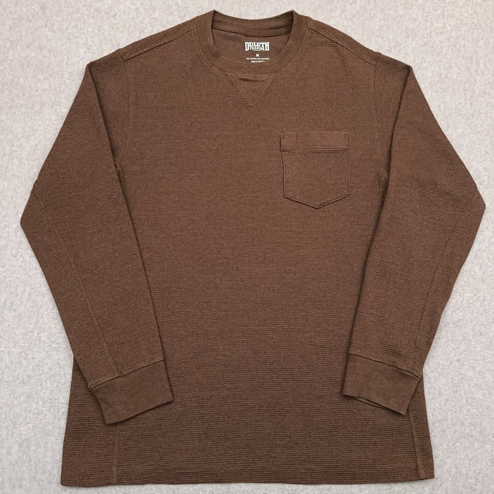 Duluth Burly Thermal Crew Shirt Mens Medium Brown Waffle Knit Pocket Long Sleeve
